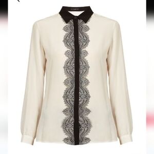 ETRO Cream Silk Blouse w/ Black Lace Trim 46   M